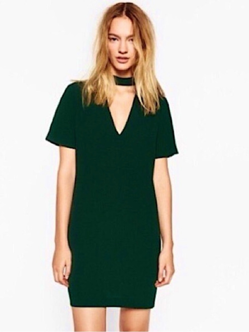 Zara Forest Green V‑Neck Choker Mini Dress